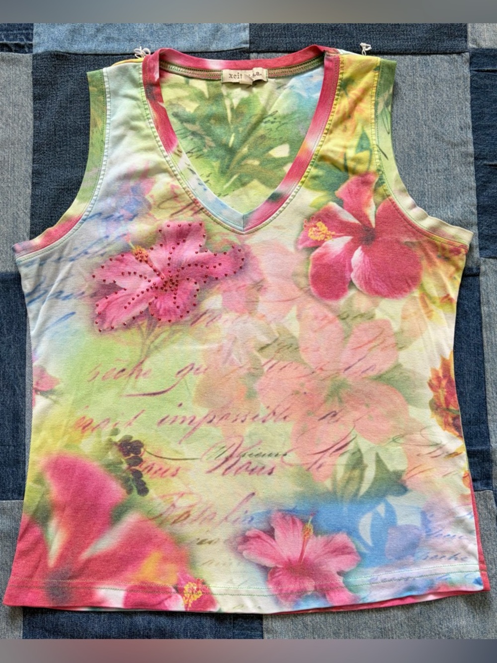 VTG Y2K XCIT u.s.a. Floral Printed Tank Top Rhinestoned Script Size M